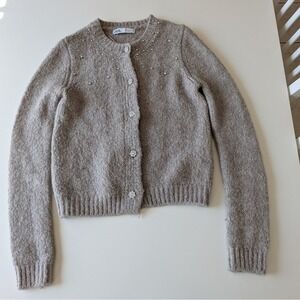 Zara Rhinestone Embellished Knit Cardigan Taupe Beige Jewel Button Sweater Small